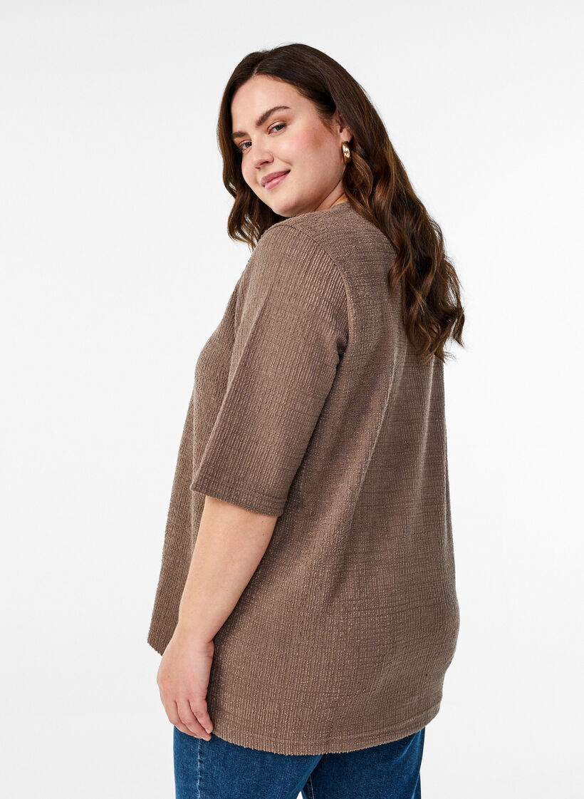 Gestructureerde blouse met V-hals, Walnut, Model image number 1