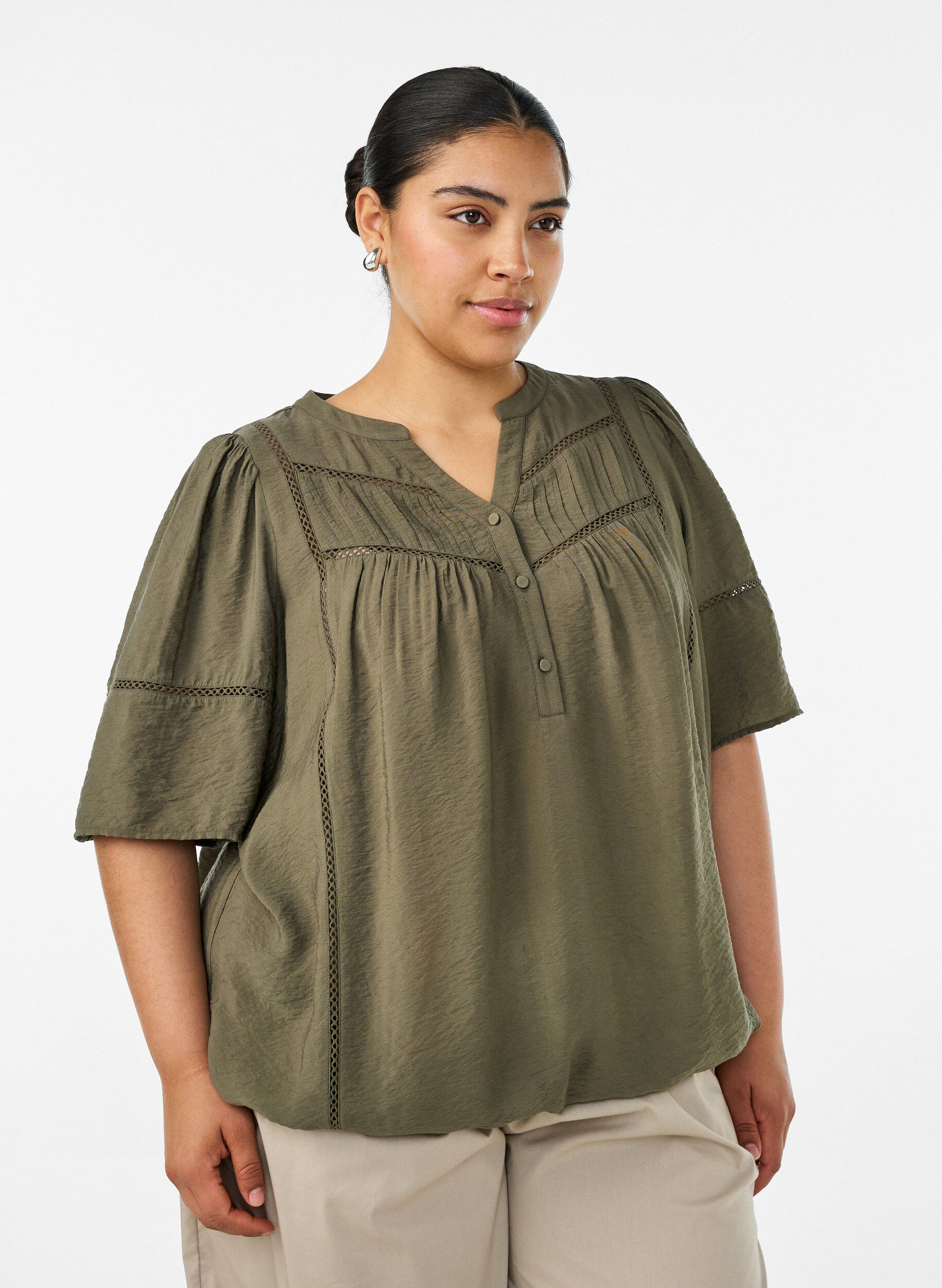 ZizziViscose blouse met plooien en balloneffect, Groen, Model image number 0