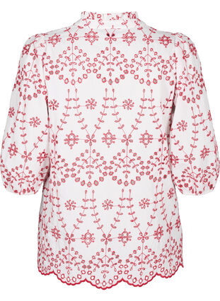 3/4 mouwen blouse met contrasterend broderie anglaise, White w. Red, Packshot image number 1