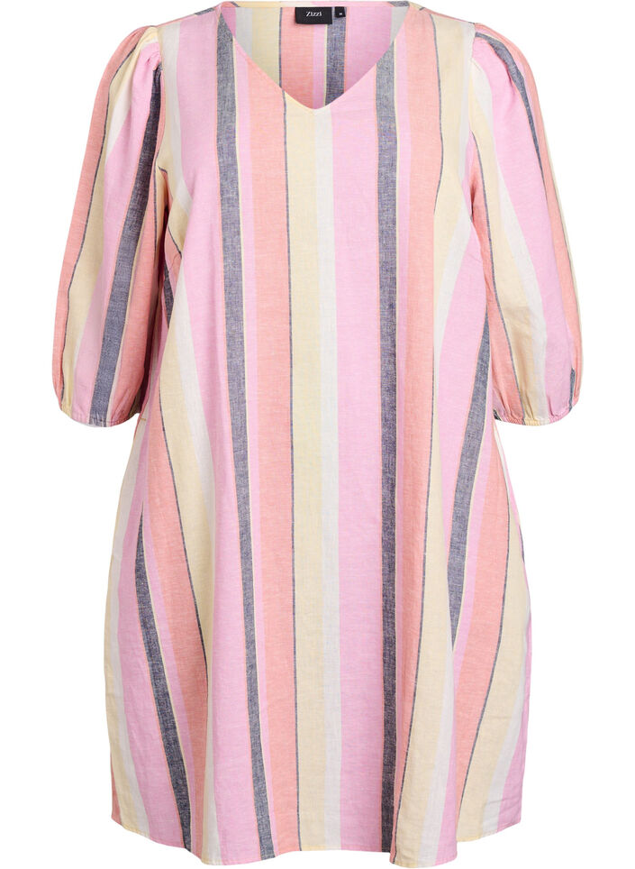 Korte jurk in linnen en viscose met 3/4 mouwen, Geel, Packshot image number 0