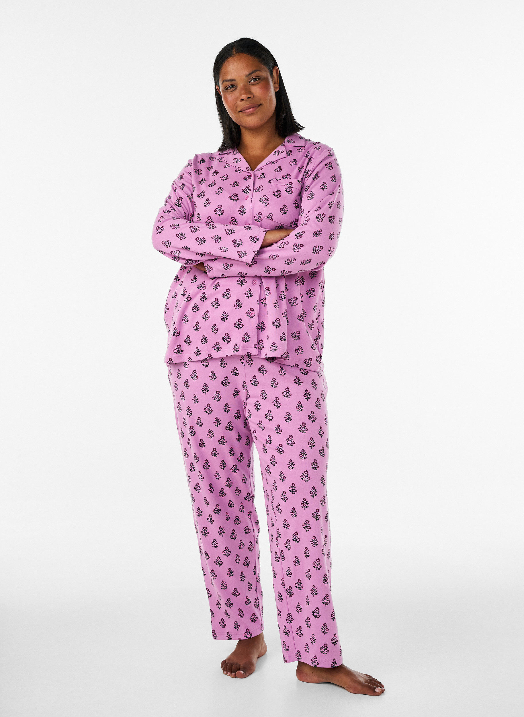 ZizziKatoenen pyjamabroek met hoge taille, Roze, Model image number 0