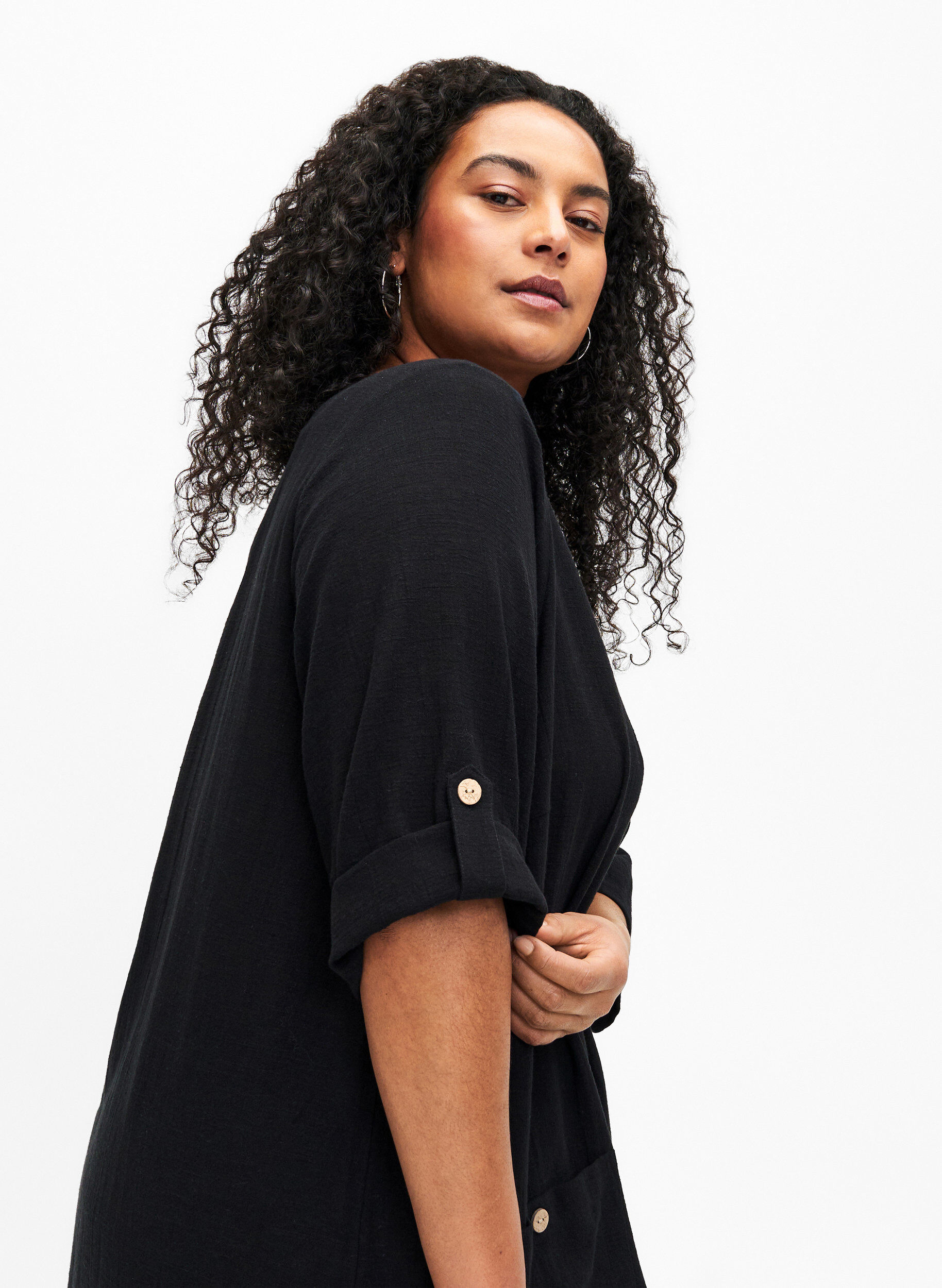 Zizzi Tuniek met 3/4 mouwen van katoenmix en linnen, Black, Model image number 2