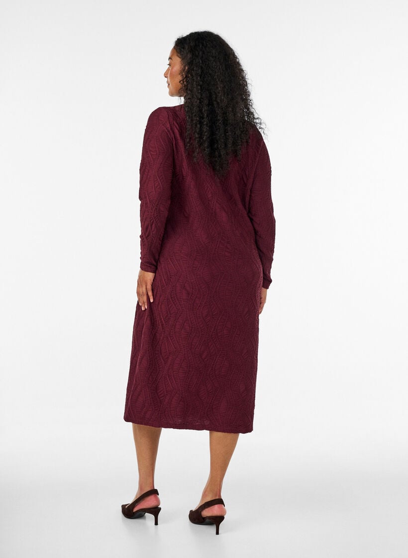 Midi jurk met golvende structuur en lange mouwen, Rood, Model image number 1