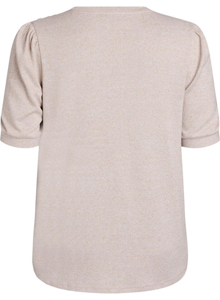 Blouse met knoopdetail en korte pofmouwen, Beige, Packshot image number 1