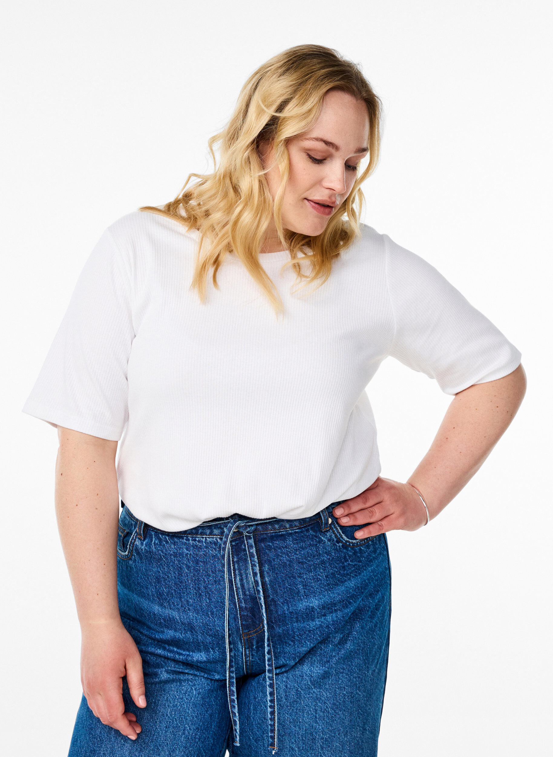 Geribde jersey blouse met korte mouwen, Wit, Model