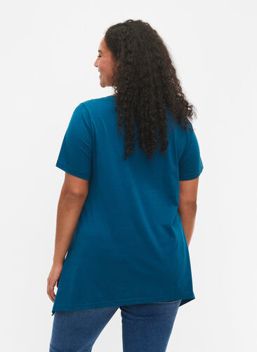 T-shirt van katoen met tekstopdruk, Blue Coral HAPPY, Model image number 1