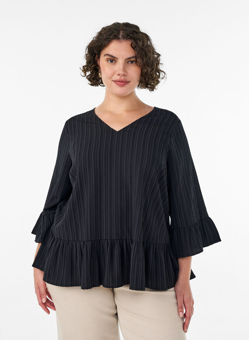 Blouse met textuur, V-hals en ruches, Zwart, Model image number 0