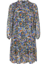 Kleurrijke midi-jurk met smock en lange mouwen, Vibrant Leaf