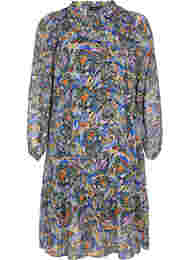 Kleurrijke midi-jurk met smock en lange mouwen, Vibrant Leaf