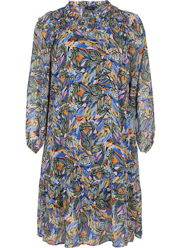 Kleurrijke midi-jurk met smock en lange mouwen, Vibrant Leaf, Packshot image number 0