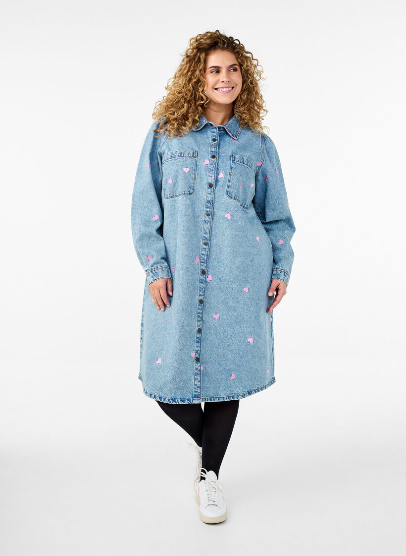 Denim jurk met hartjes en borstzakken, Blauw, Model image number 0