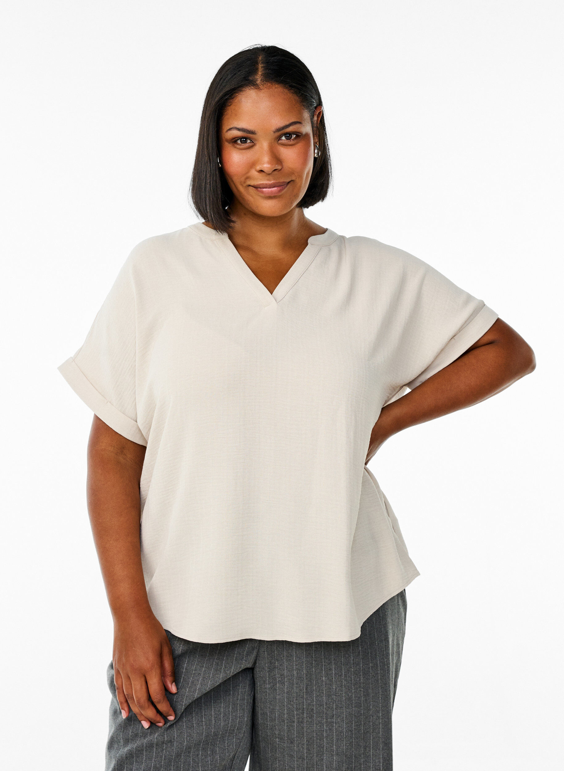 Luchtige blouse met korte mouwen, Beige, Model