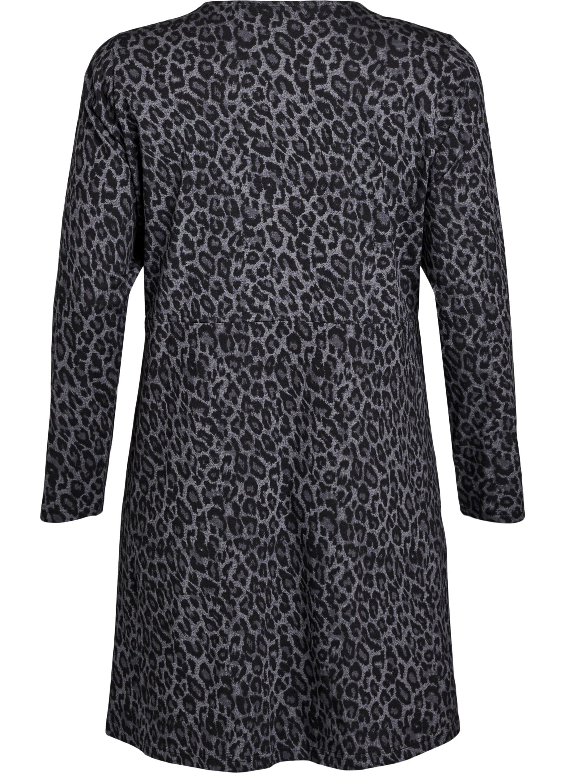 Zizzi Jurk met lange mouwen, ronde hals en luipaardprint, Dark Grey Leo, Packshot image number 1