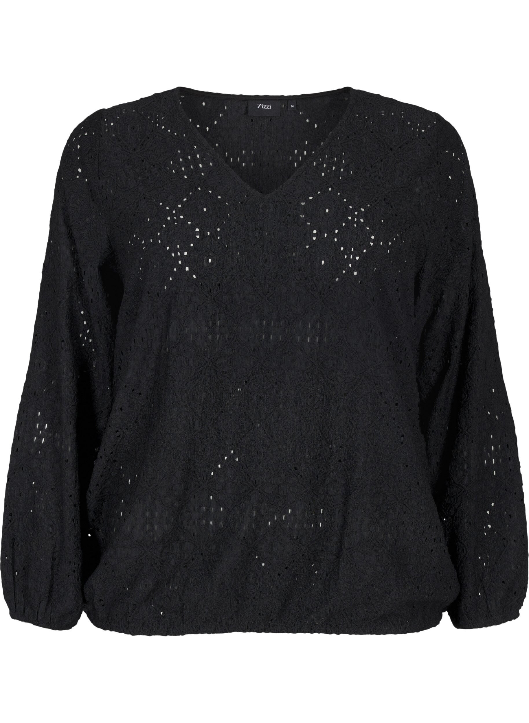Zizzi Blouse met lange mouwen, V-hals en gaatjespatroon, Black, Packshot image number 0
