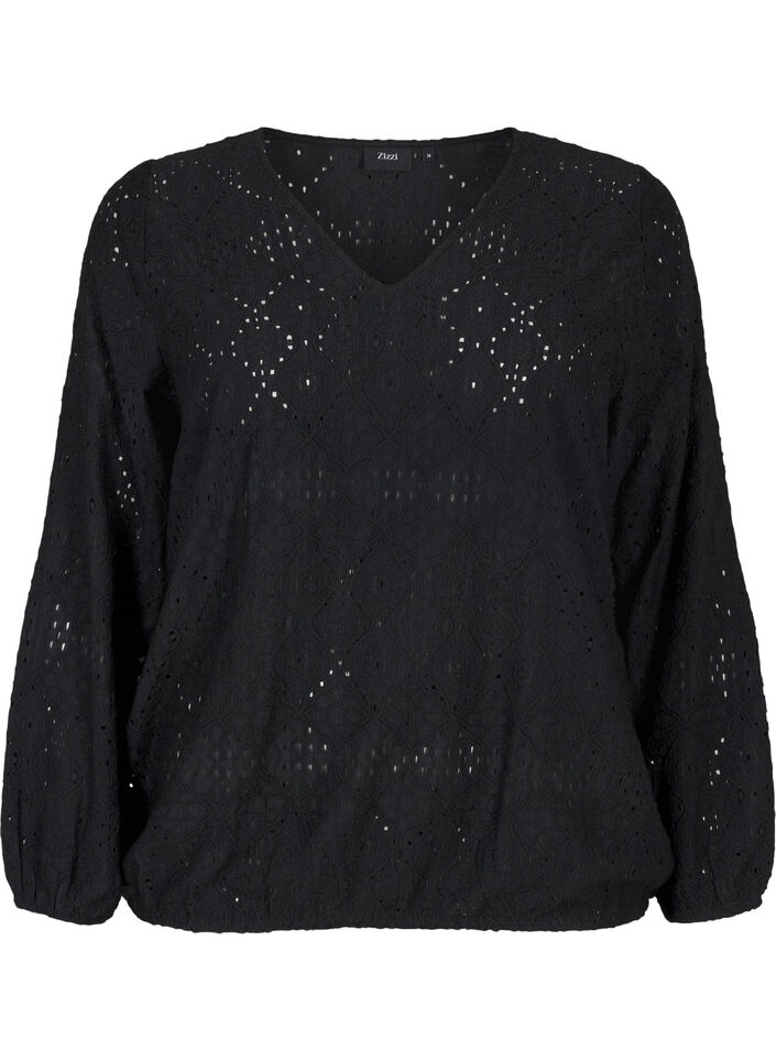 Blouse met lange mouwen, V-hals en gaatjespatroon, Black, Packshot image number 0