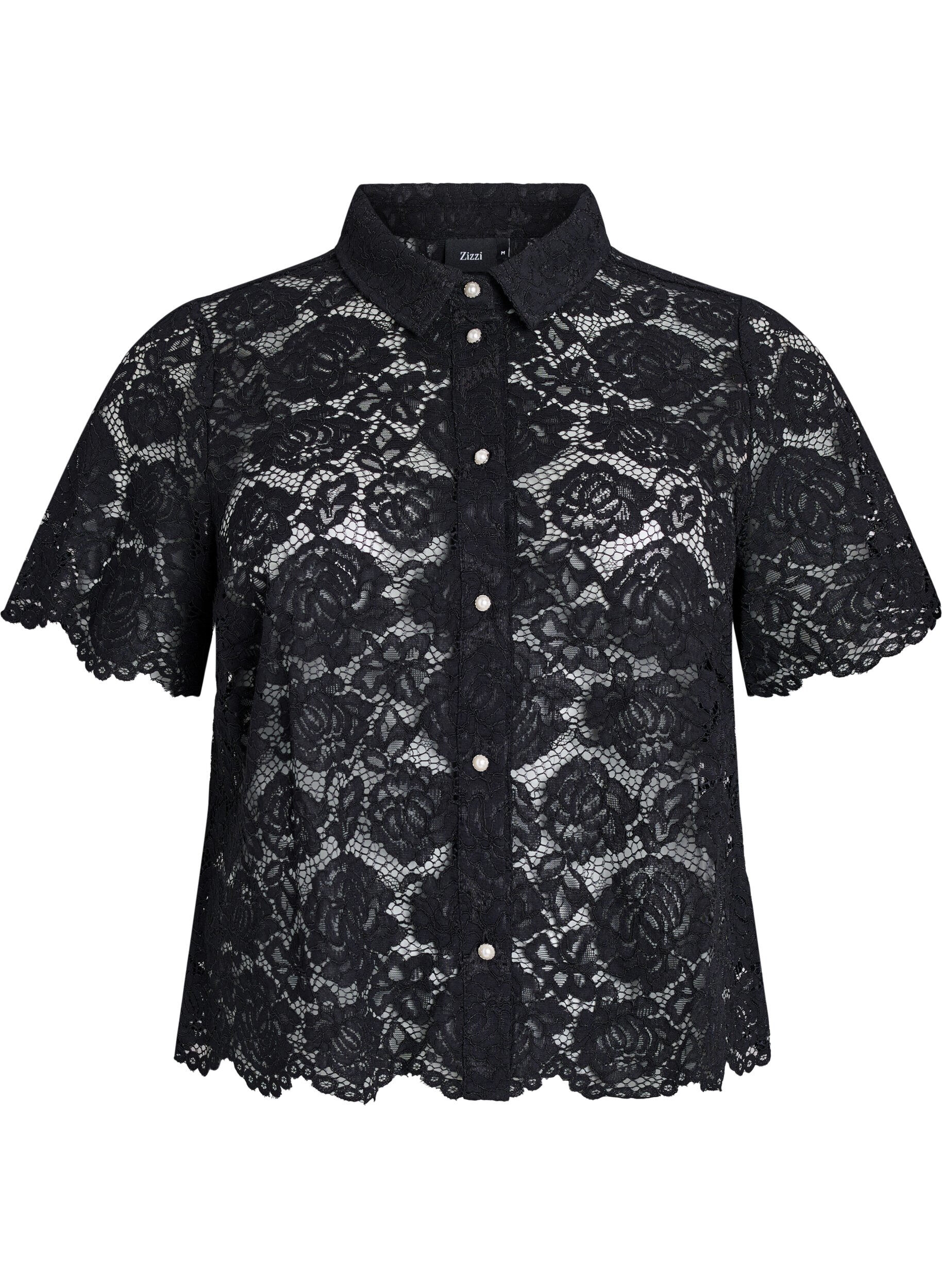 Zizzi Kanten shirt blouse met parelknopen, Zwart, Packshot image number 0