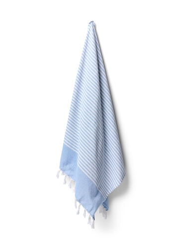 Gestreepte handdoek met franjes, Light Blue Melange, Packshot image number 0