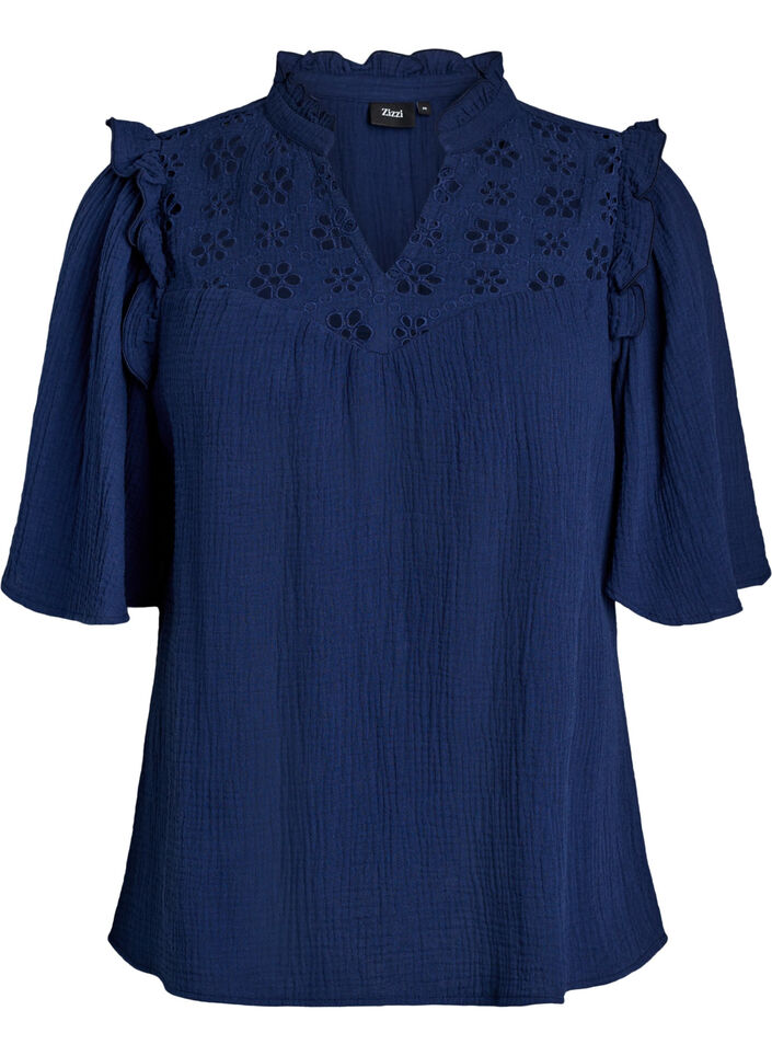 Blouse in katoen mousseline met broderie anglaise en 1/2 mouwen, Blauw, Packshot image number 0