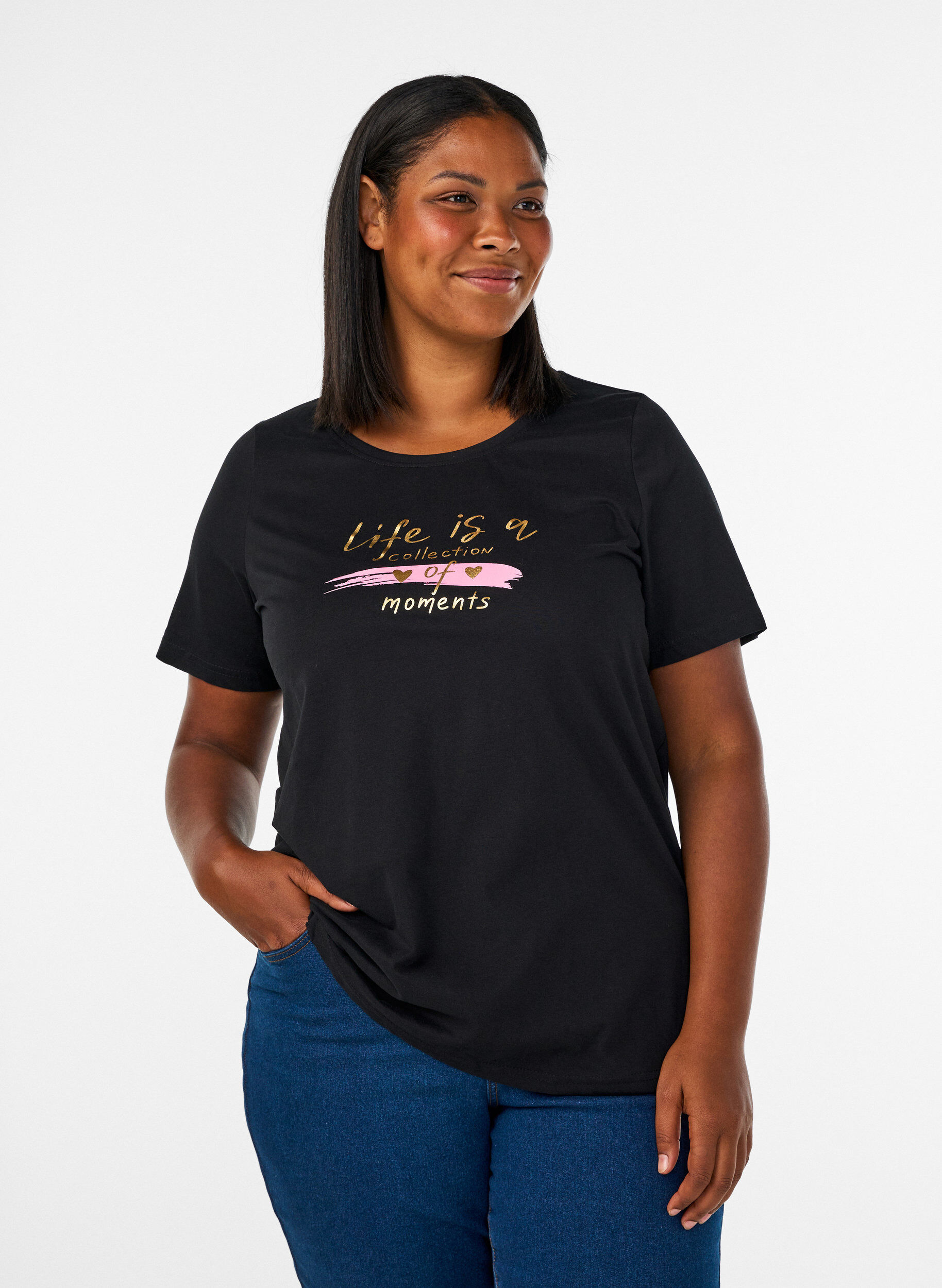 T-shirt met motief, Zwart, Model