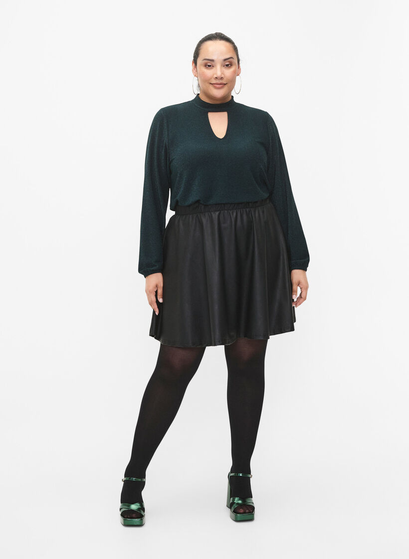 Glitter blouse met lange mouwen, ronde hals en V-detail, Black Scarab, Model image number 3