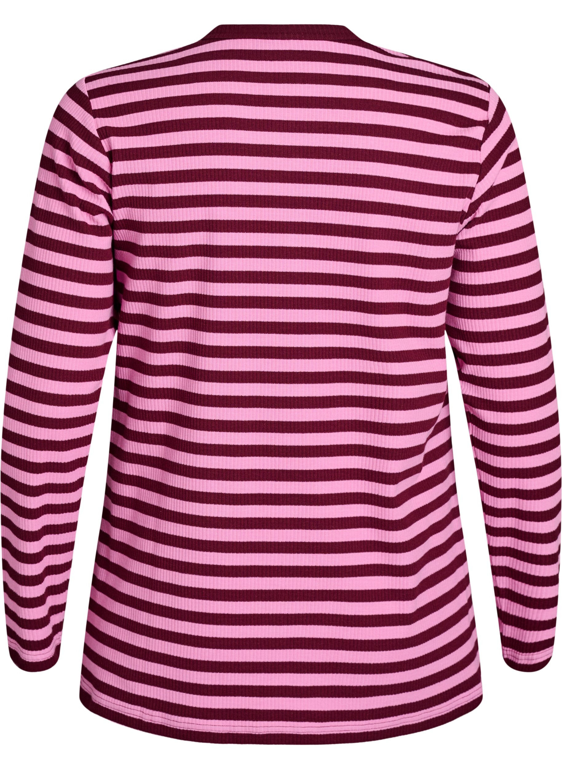Zizzi Gestreepte jersey blouse met een geribde textuur, Roze, Packshot image number 1