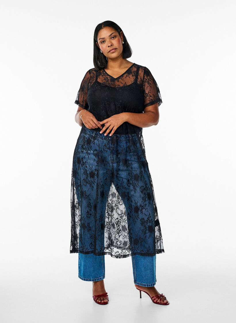 A-lijn jurk met een halflange kanten lengte, Black, Model image number 0