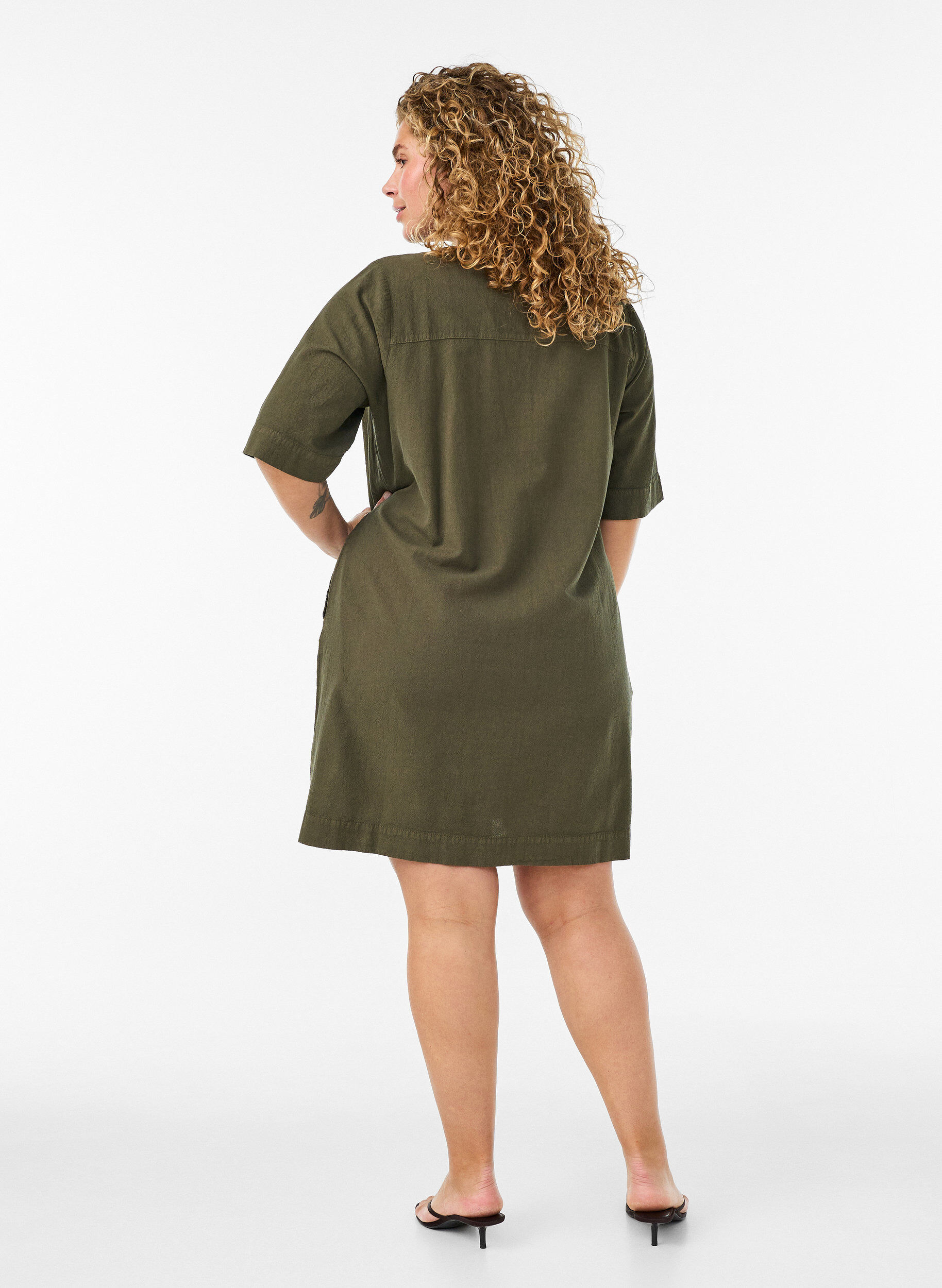 ZizziKatoenen jurk met korte mouwen en zakken, Groen, Model image number 2