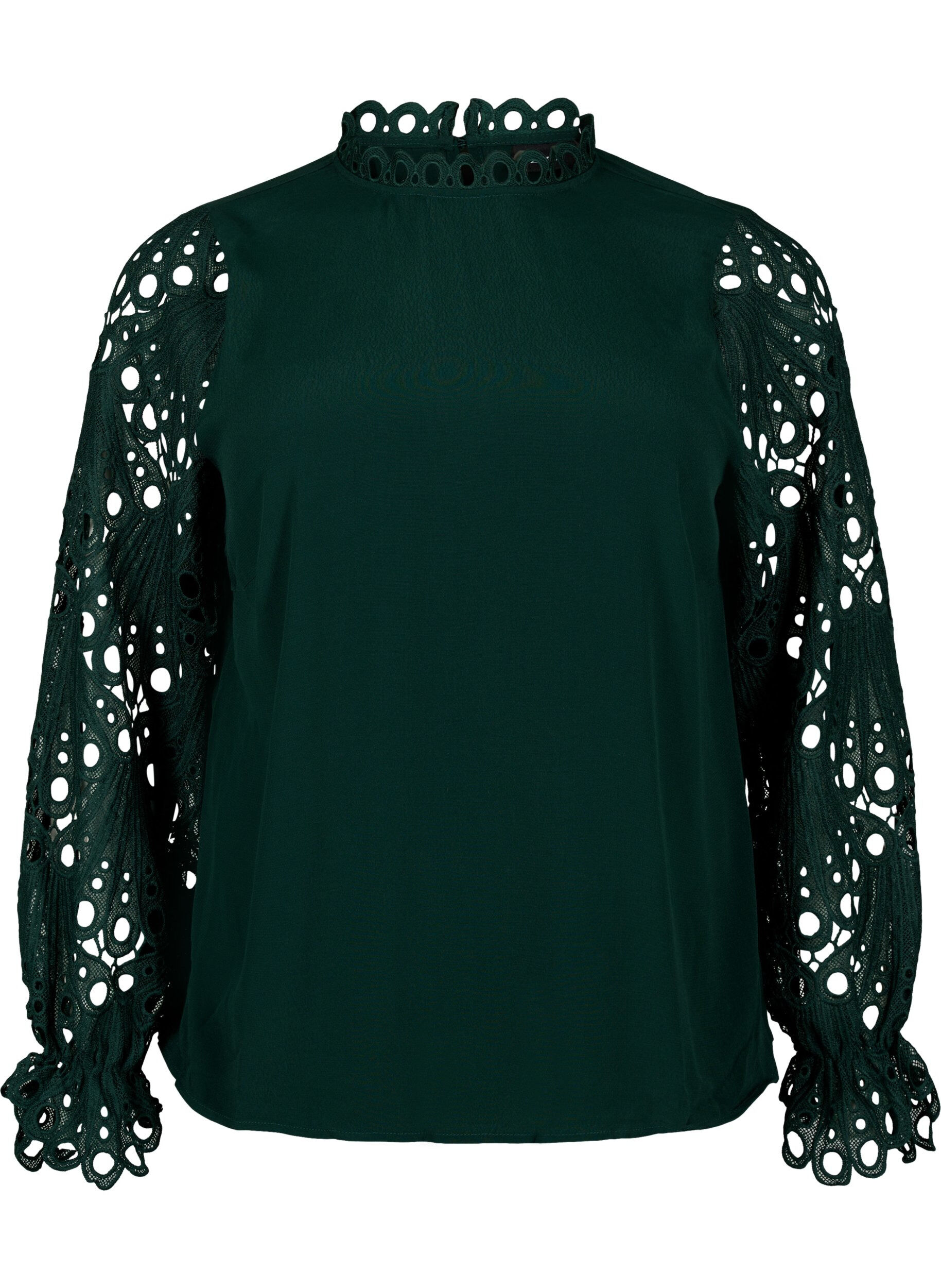 Zizzi Viscose blouse met crochet mouwen, Scarab, Packshot image number 0