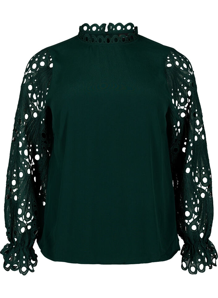 Viscose blouse met crochet mouwen, Scarab, Packshot image number 0