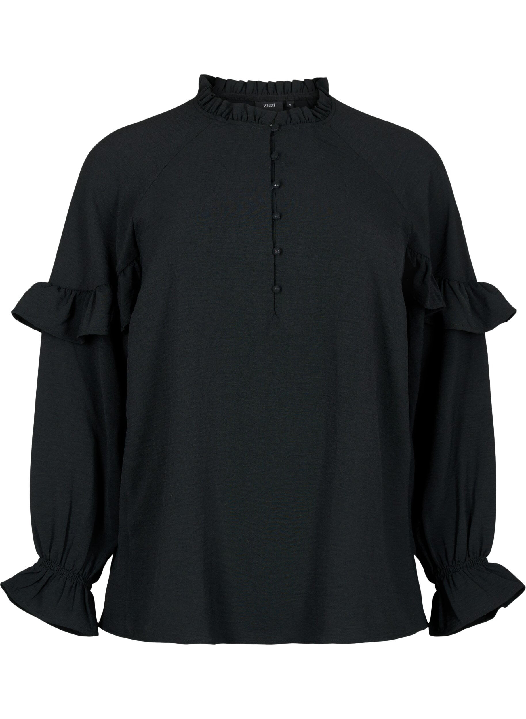 Zizzi Blouse met ruches en knopen, Black, Packshot image number 0