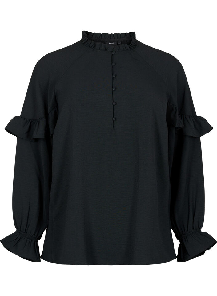 Blouse met ruches en knopen, Black, Packshot image number 0