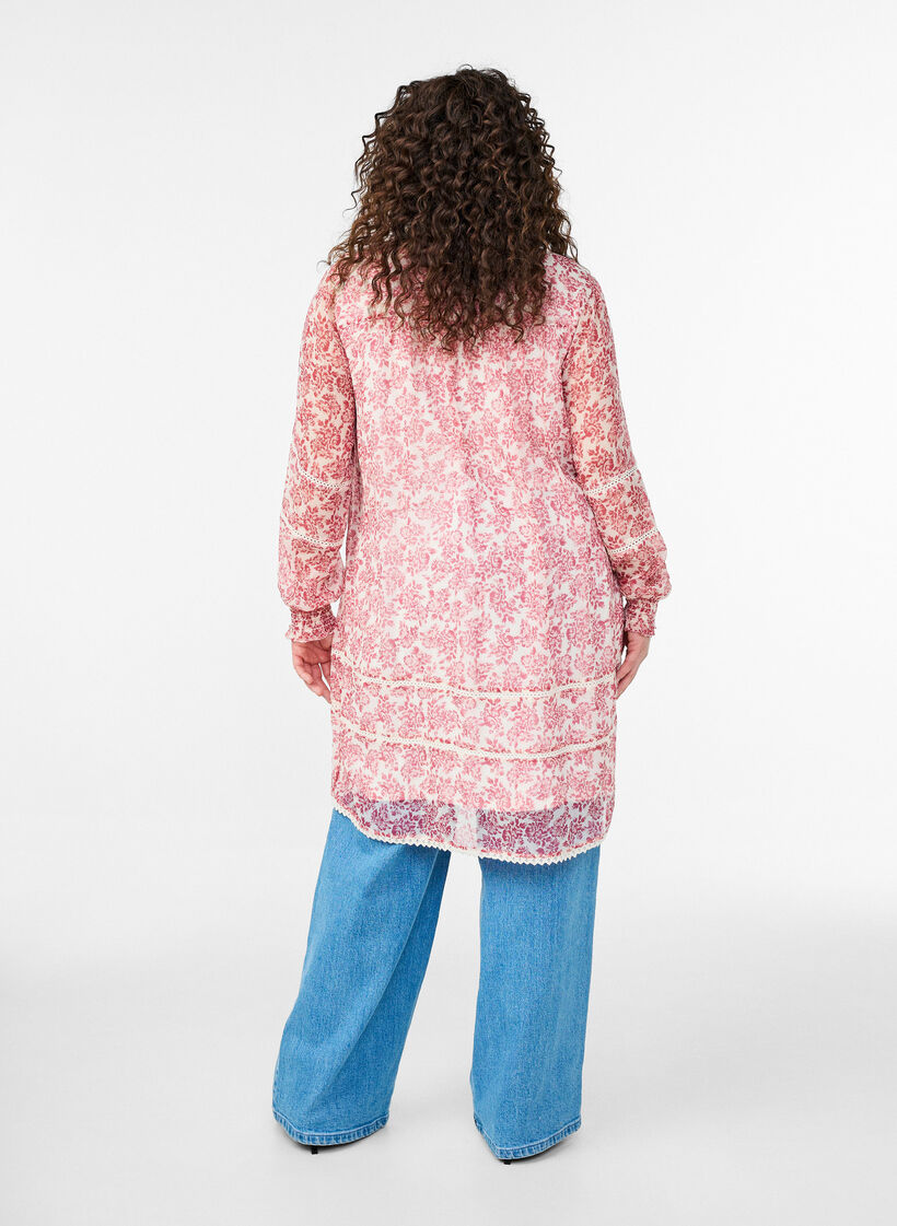 Korte chiffonjurk met gehaakte details, Roze, Model image number 1