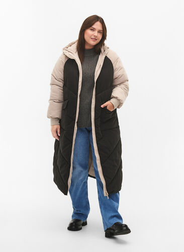 Lange kleurblokken winterjas met capuchon., Black Comb, Model image number 3