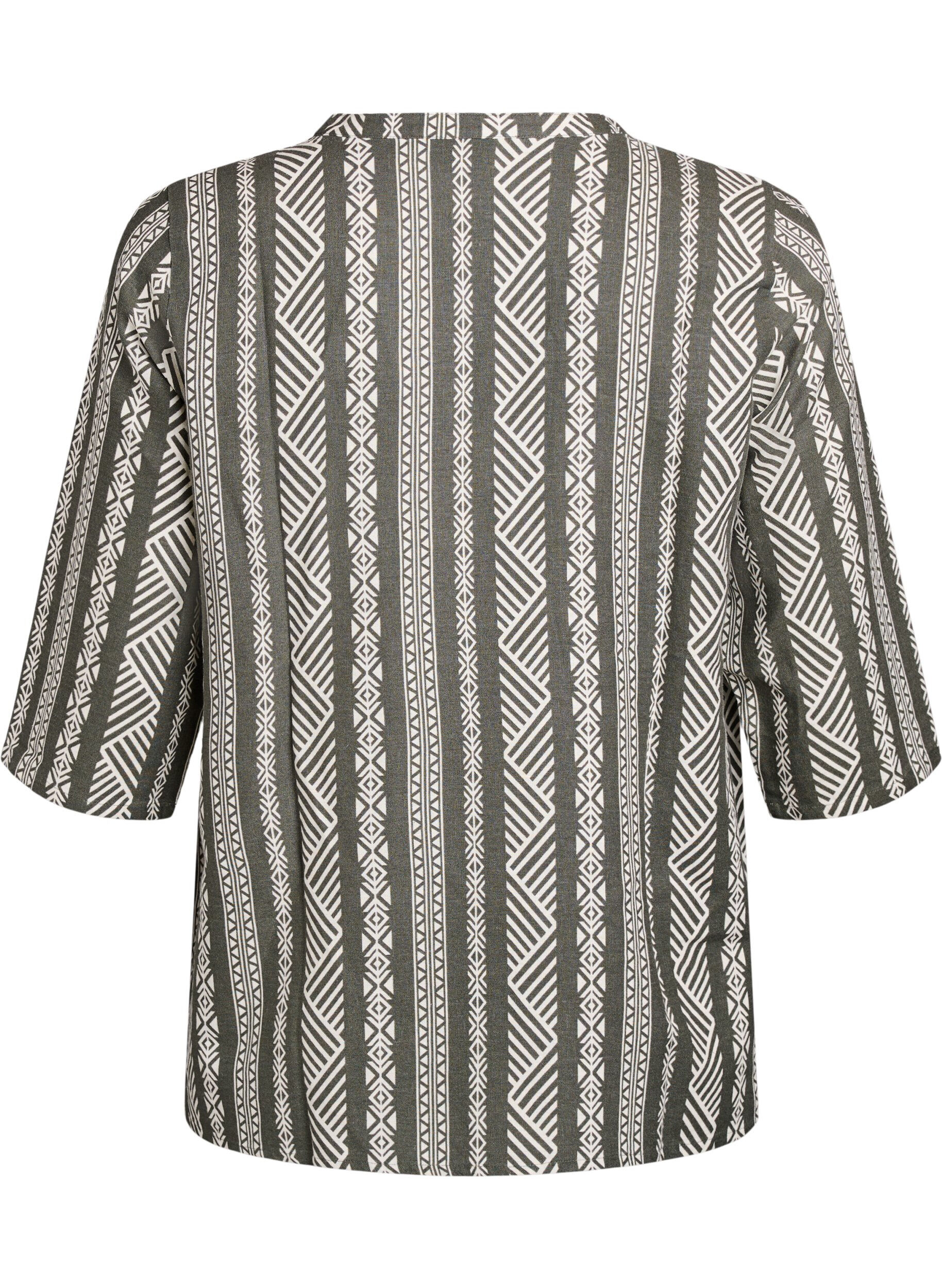 Zizzi Gestreepte blouse in een mix van linnen en viscose, Groen, Packshot image number 1