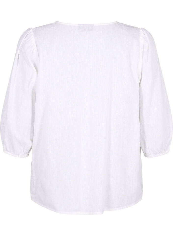 Katoenen blouse met 3/4 mouwen in een katoenmix met linnen, Bright White, Packshot image number 1
