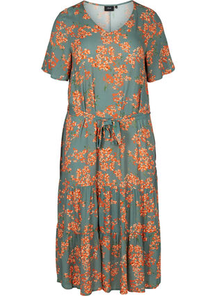 Midi-jurk met korte mouwen in viscose, Balsam Green Flower, Packshot image number 0