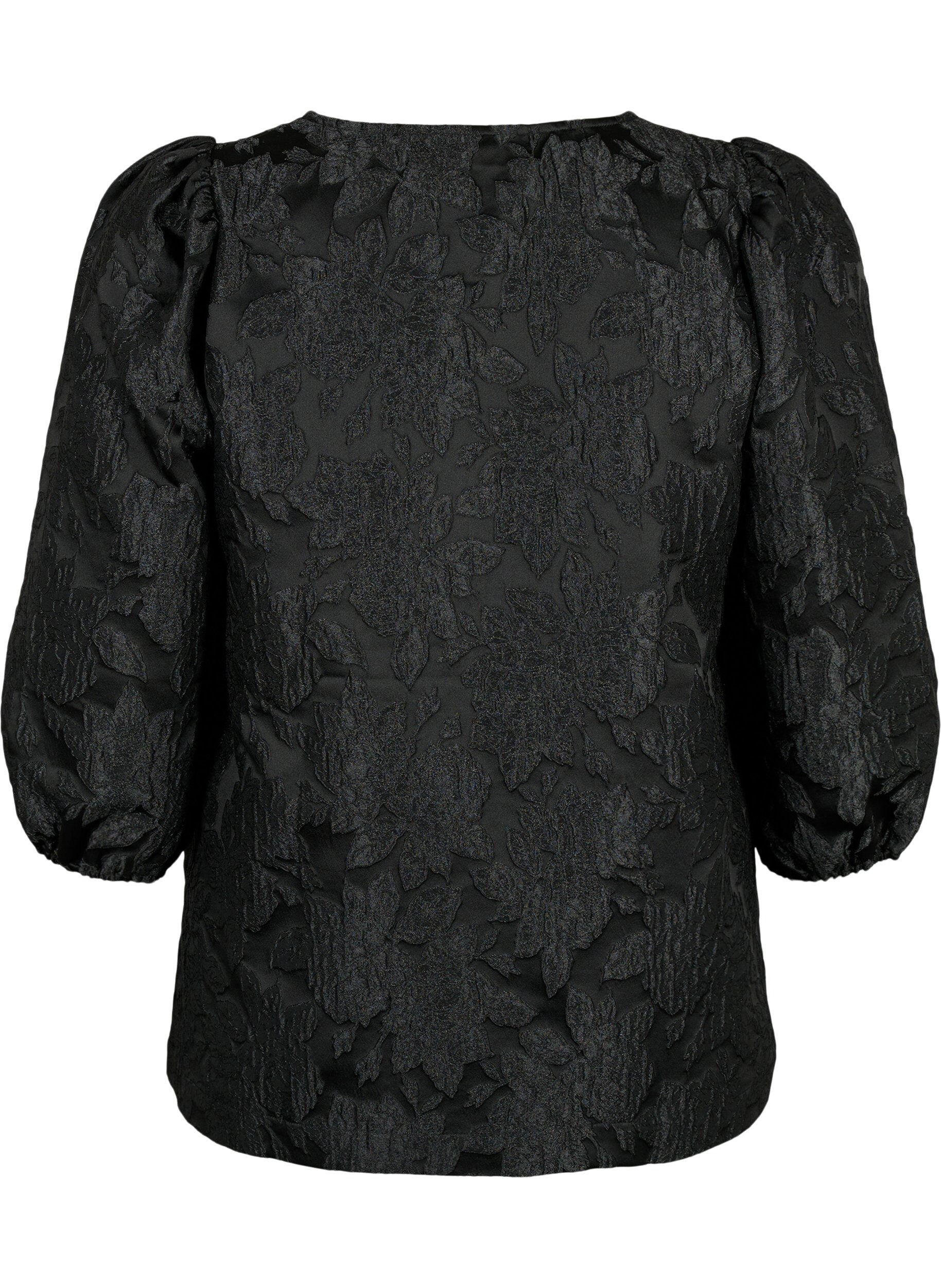 Zizzi Jacquard blouse met 3/4 mouwen, Black, Packshot image number 1
