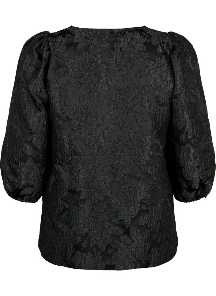 Jacquard blouse met 3/4 mouwen, Black, Packshot image number 1