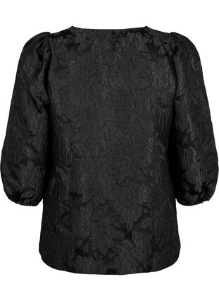 Jacquard blouse met 3/4 mouwen, Black, Packshot image number 1