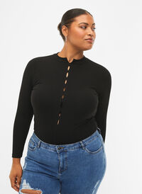 Geribde blouse met lange mouwen en gaatjes, Black, Model
