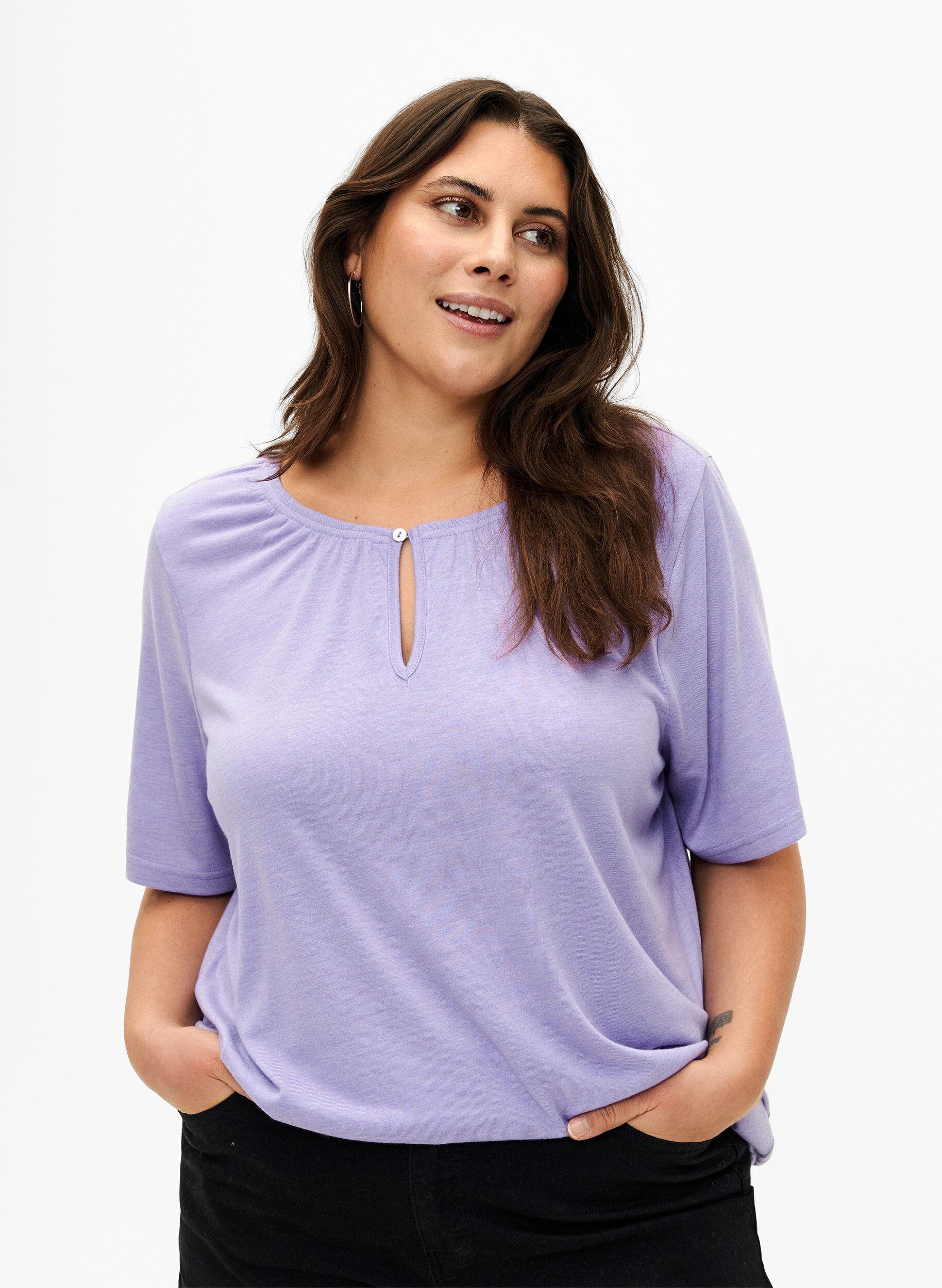 Zizzi Melange Blouse met korte mouw, Violet Tulip Mel., Model image number 0
