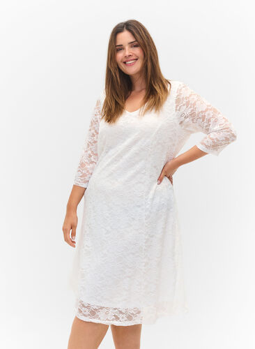 Kanten jurk met 3/4 mouwen, White, Model image number 0