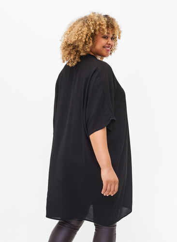 Viscose blouse met korte mouwen en strikdetail, Black, Model image number 1