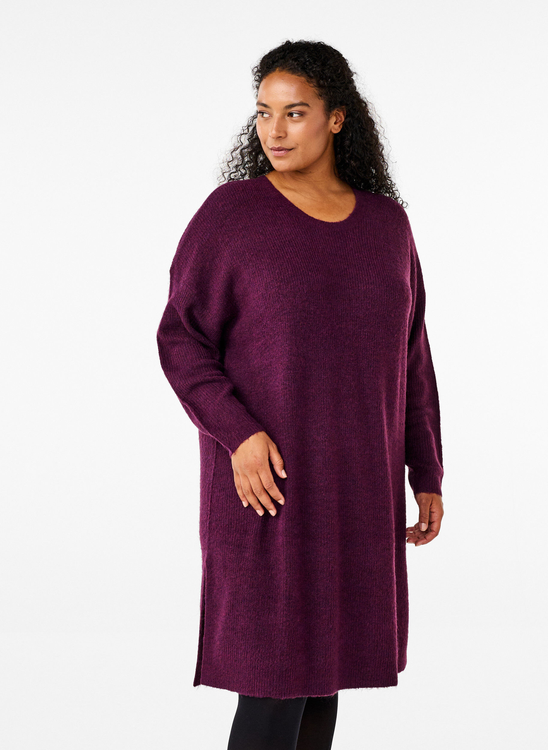 Zizzi Gebreide jurk met lange mouwen, Potent Purple Mel., Model image number 0
