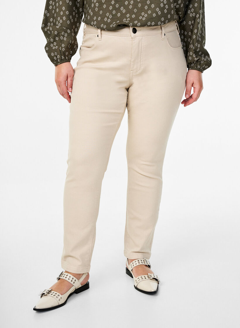 Strakke pasvorm Emily jeans met reguliere taille, Beige, Model image number 2