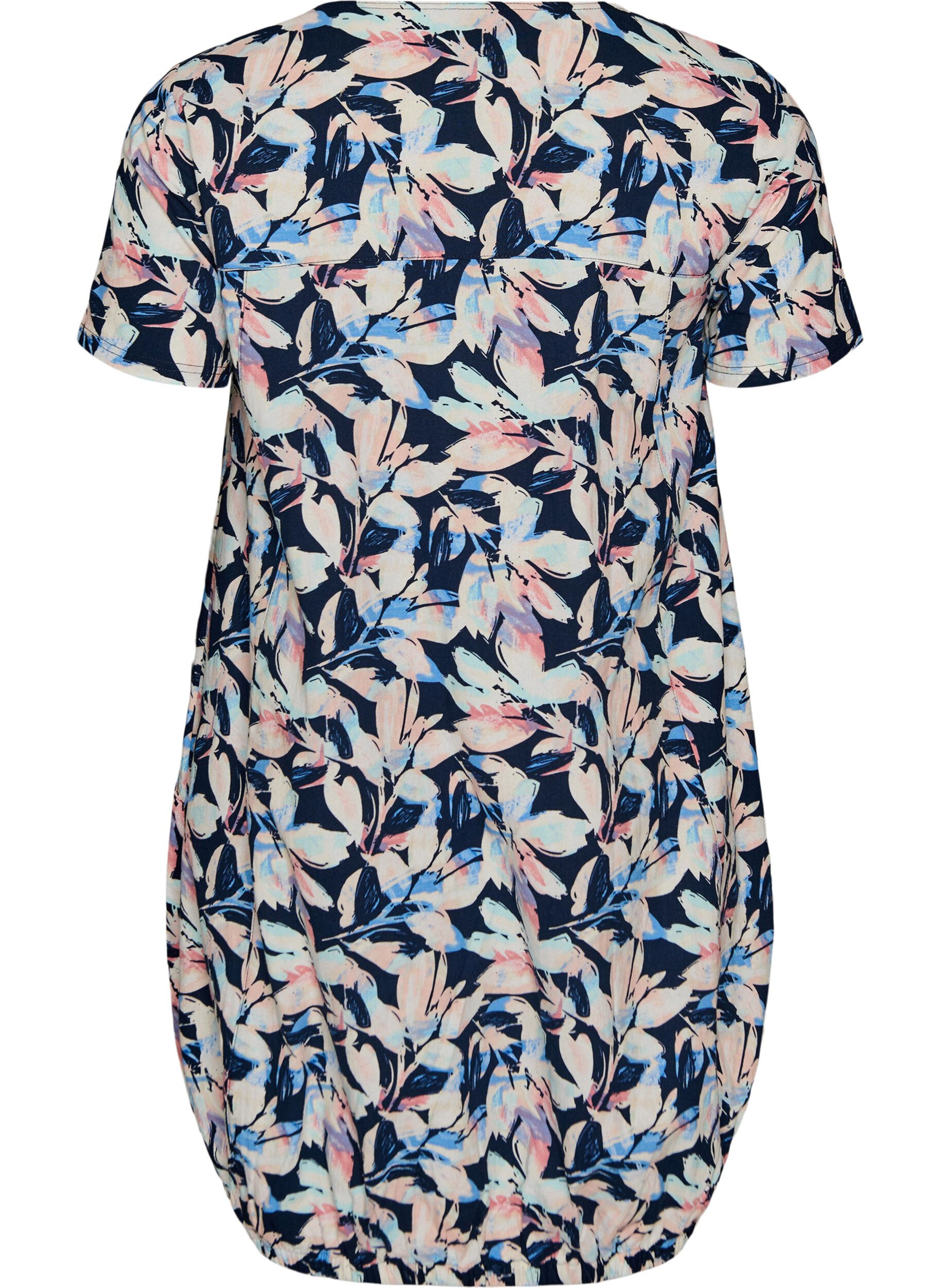 ZizziKatoenen jurk met korte mouwen en print, Blauw, Packshot image number 1