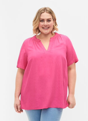 Viscose blouse met korte mouwen en v-hals, Shocking Pink, Model image number 0