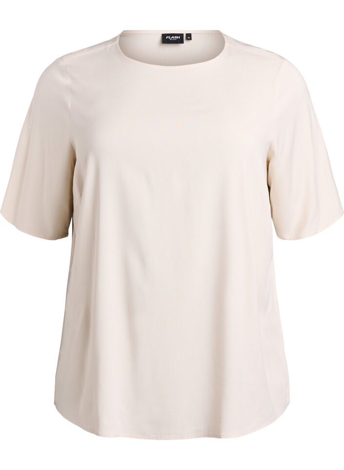 Geweven blouse met korte mouwen en ronde hals, Beige, Packshot image number 0