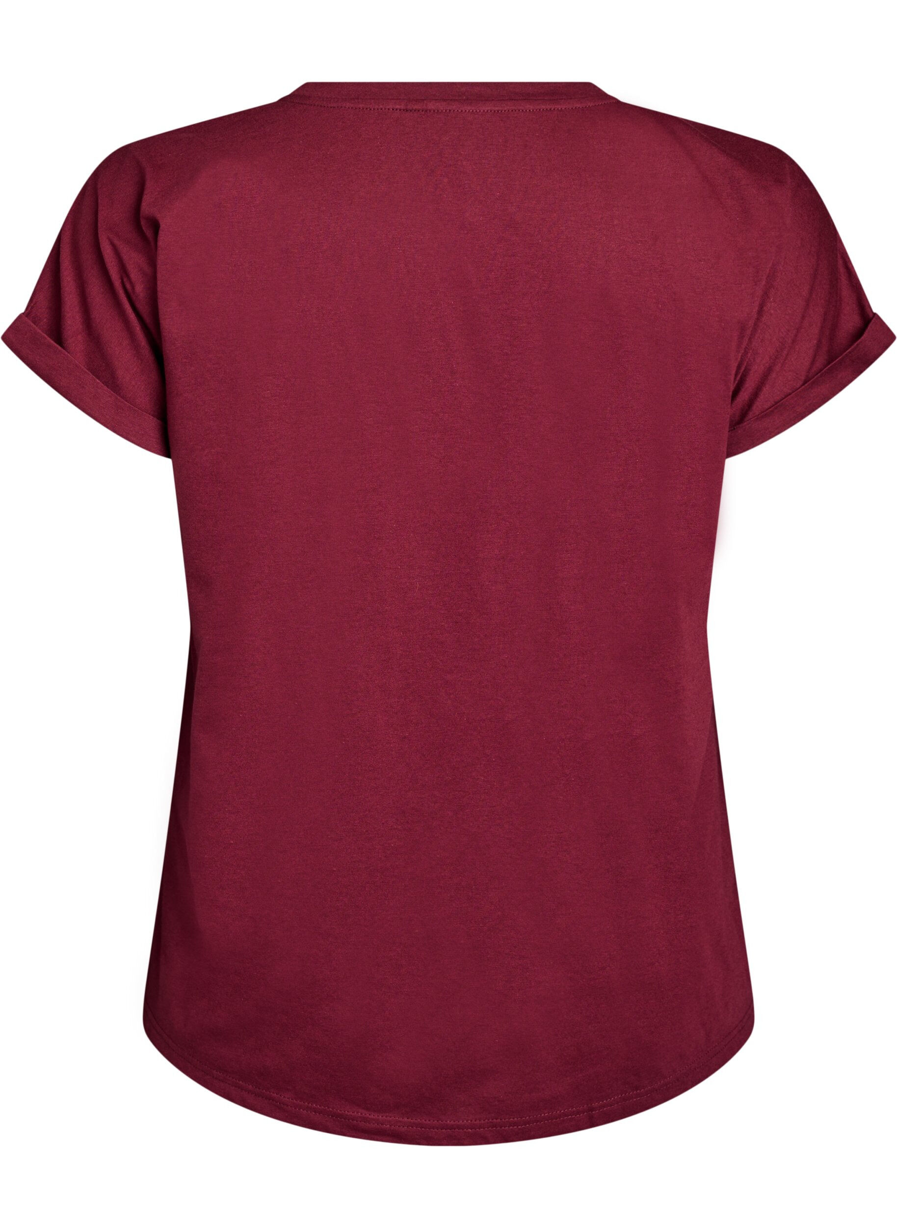 Zizzi T-shirt met korte mouwen van katoenmix, Donker Bordeaux, Packshot image number 1