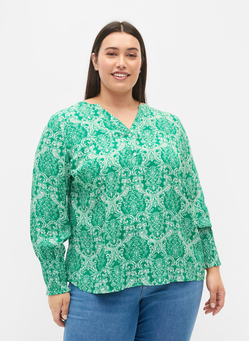 Bedrukte viscose top met smok, Jolly Green Oriental, Model image number 0